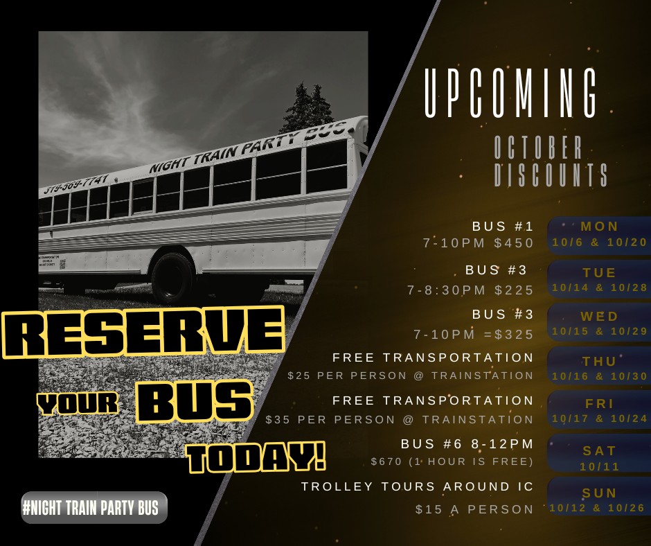 Night Train Party Bus Iowa Deals and Discounts Upcoming Events Monthly Schedule October 2025