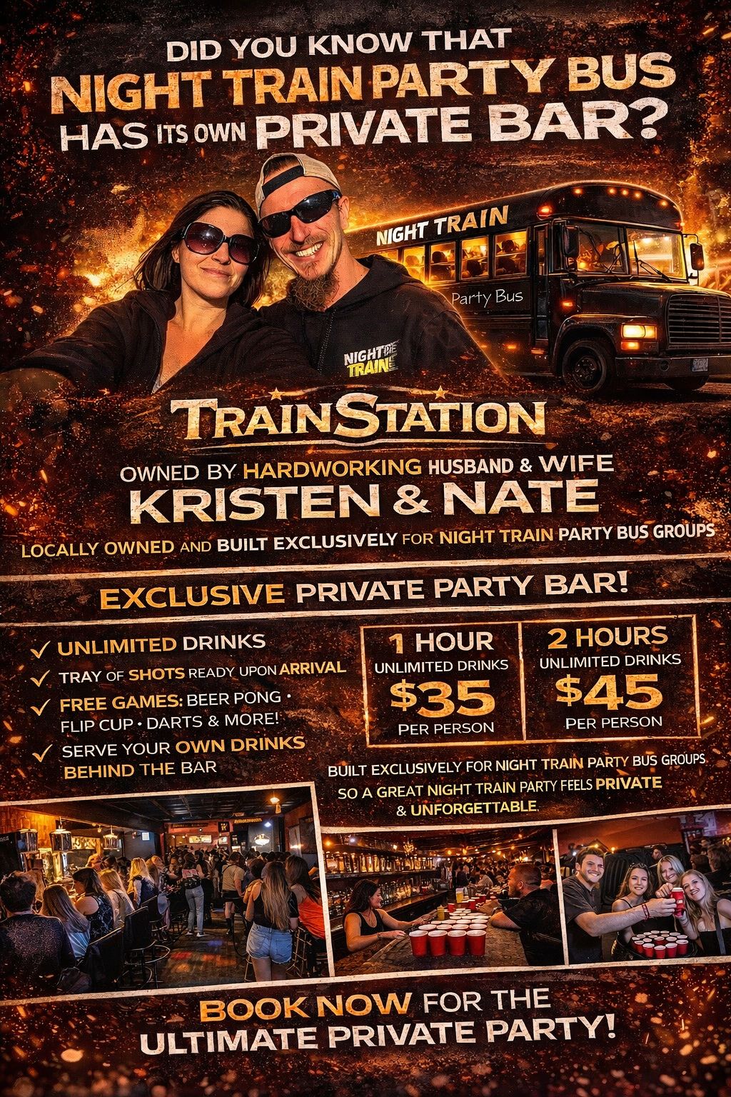 Night Train Party Bus Iowa Kristen and Nate TrainStation private party bar